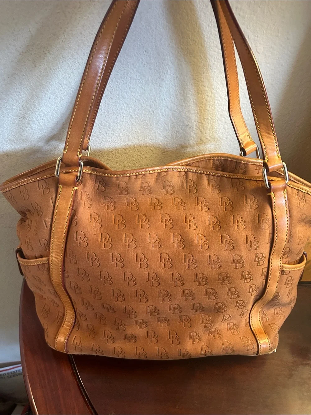 Dooney & Bourke Tan Shoulder Tote with Signature DB Pattern